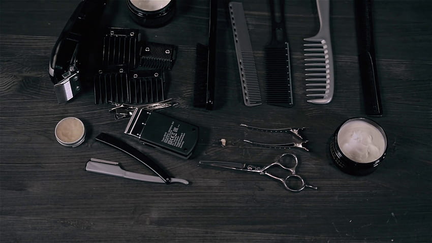Weinlese-Friseurladen-Ausrüstung auf hölzernem Hintergrund mit, Friseursalon HD-Hintergrundbild
