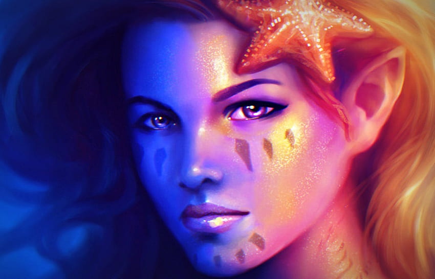 Meerjungfrau, Blau, Schwarz, Blond, Kunst, Mädchen, Orange, Schönheit, Frau, Rosa, Fantasie, Yana Dmitruk, Gesicht HD-Hintergrundbild
