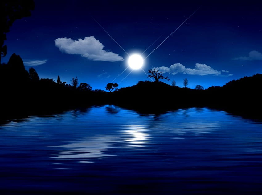 Qualität: Nachtsee Mond, Blaue Nacht HD-Hintergrundbild