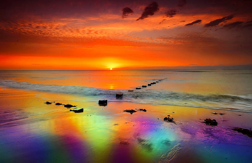 Amazing sea sunset, sea, colorful, glow, beautiful, orange, beach, fiery, reflection, sands, red, sky, amazing, water, sunset HD wallpaper
