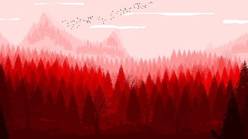 Bosque rojo, horizonte, naturaleza, arte. fondo de pantalla