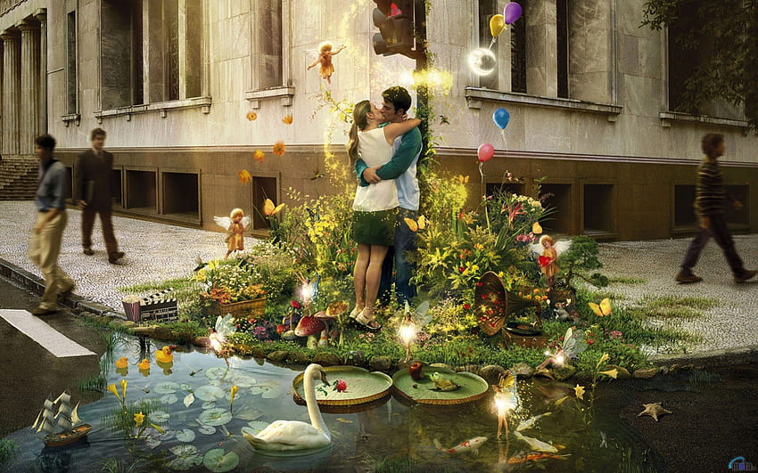 Love - As angels Watch, boat, people, faeries, butterflies, balloons, 3d, love, couple, building, fairies, kiss, swan, pond HD wallpaper