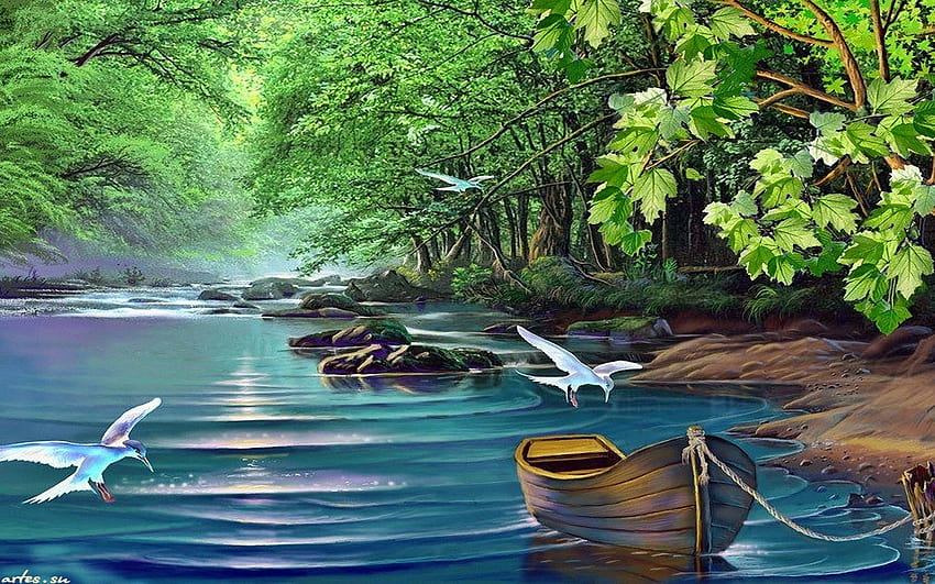 Beautiful painting, boat, birds, beautiful, serenity, quiet, painting, , nature, forest HD wallpaper