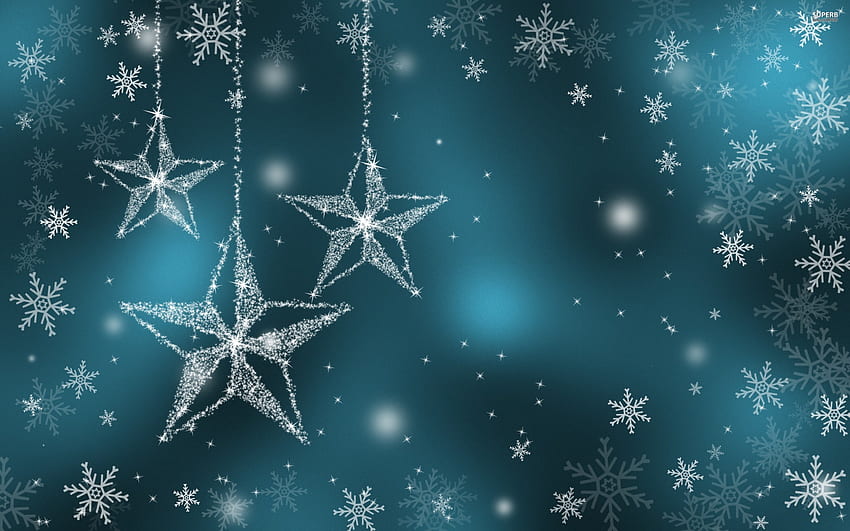 Sparkling Blue Stars and Snowflakes, winter, blue, snowflakes, abstract, christmas, stars, 3D and CG HD wallpaper