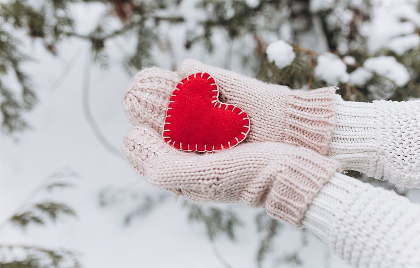 winter, heart, hands, mittens, Valentine's Day for , section праздники HD wallpaper