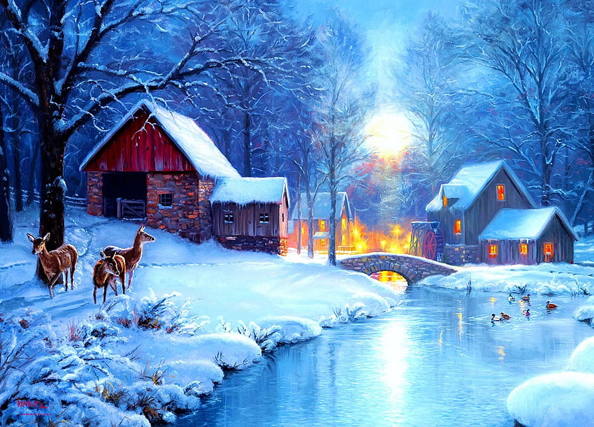 Winter's Eve, artwork, river, sleigh, painting, snow, bridge, trees, cabins, deer HD wallpaper