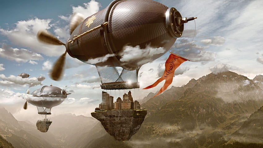 Steampunk - Airships Moving City Islands, Moving, City, Fiction, Islands, Airships, Steampunk, Science HD wallpaper