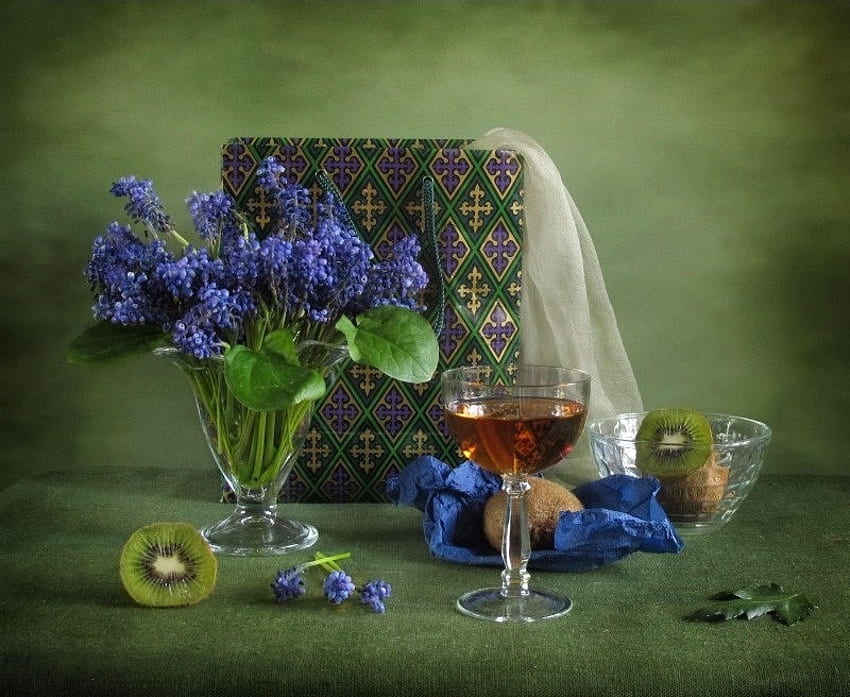 Beautiful, blue, lupines, wineglass, bag, vase, kiwi, decorated, silk, green, shopping bag, glass, fruit, flowers, wine HD wallpaper