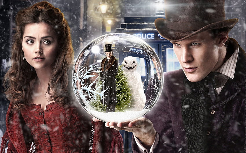 Doctor Who (2005–), inverno, cristal, casal mulher, atriz, ator, vidro, chapéu, craciun, homem, Doctor Who, menina, boneco de neve, séries de TV, fantasia, Natal, bola, vermelho papel de parede HD