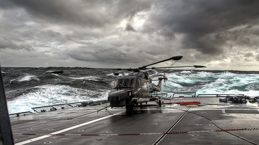 helicopter on a carrier in rough seas, sea, carrier, waves, ship, helicopter, clouds, storm HD wallpaper