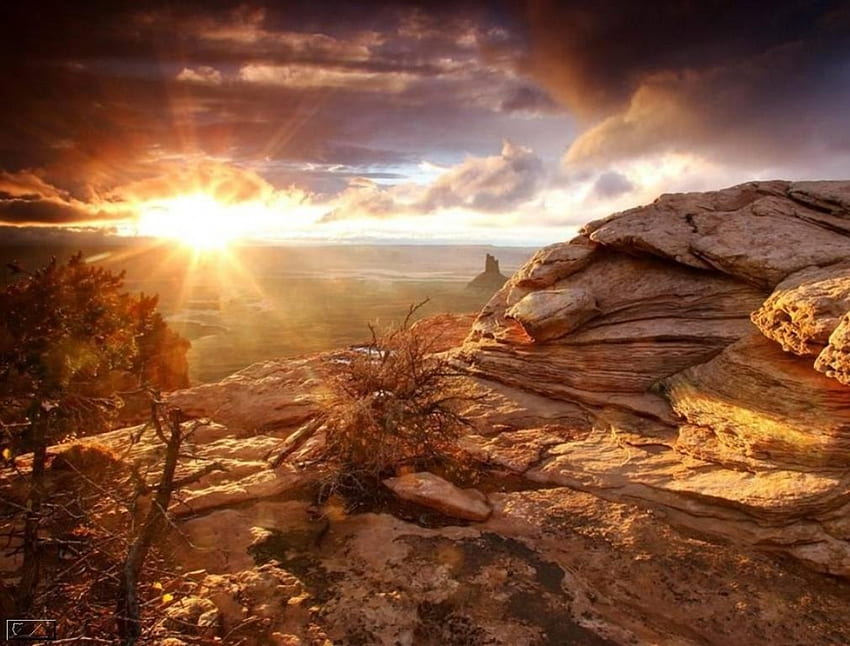Sunset, sky, nature, rocky landscape HD wallpaper