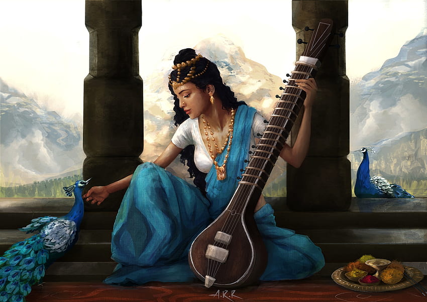 boski instrument, instrument, ptak, fantazja, sztuka, ashiqur rahman, dziewczyna, pasari, niebieski, paun, paw Tapeta HD