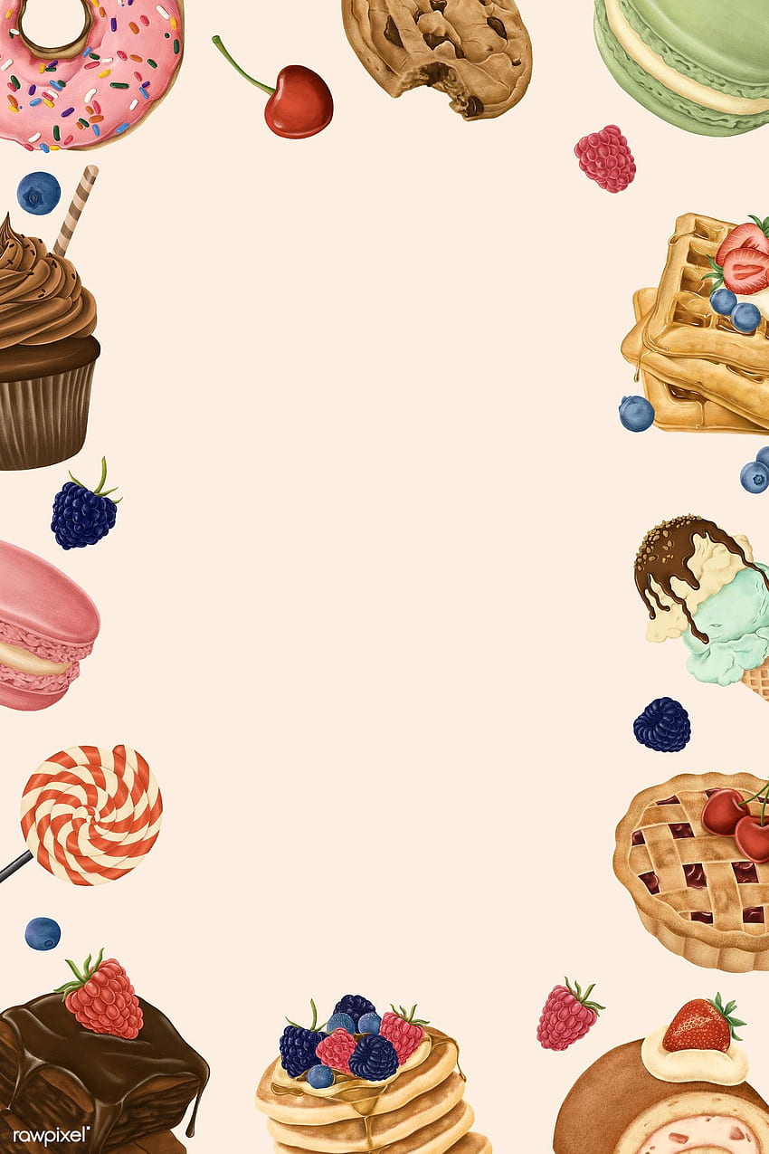 Mit Süßigkeiten und Dessert dekoriertes Rahmenmodell. / Mittag. Lebensmittelhintergrund, Illustrationen, Dessertdekoration, Dessertzeichnung HD-Handy-Hintergrundbild