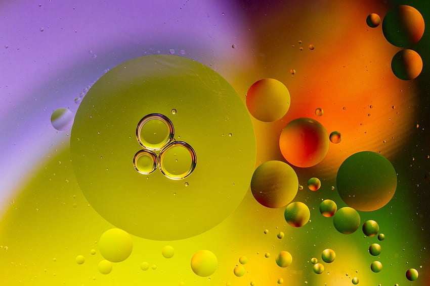 orange, huile, jaune, abstrait, verre, eau, vert, texture, bulles, Yellow Bubble Fond d'écran HD