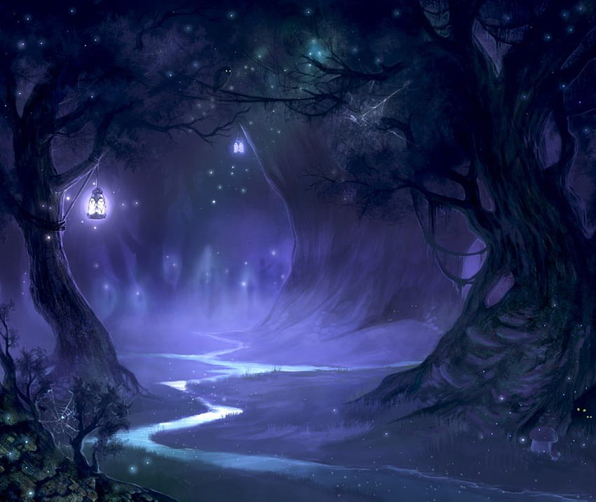 밤의 숲. 환상의 풍경, 판타지 아트 풍경, 환상의 숲, 마법의 밤 숲 HD 월페이퍼