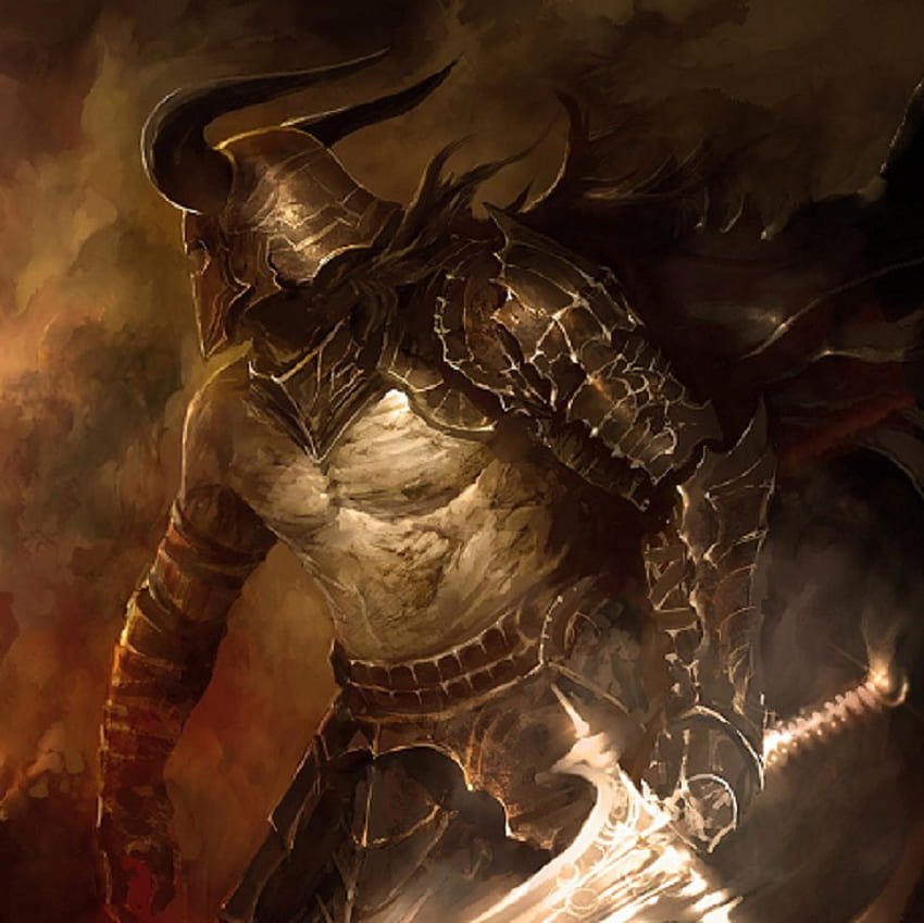Horned Warrior, horns, sword, fantasy, armour, helmet, warrior HD wallpaper