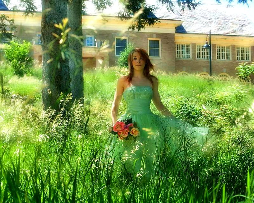 BRIDE OF NATURE.., emerald, green, tress, grass, bride, woman, beauty HD wallpaper