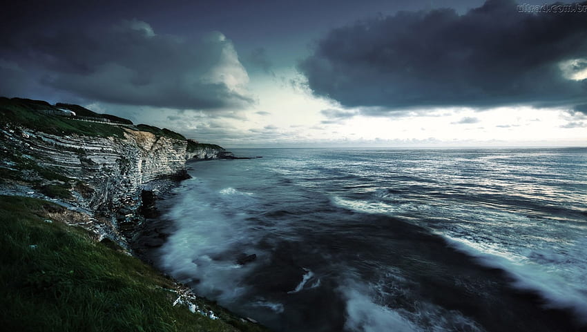 stormy rocky shore, sea, shore, clouds, cliff, storm HD wallpaper