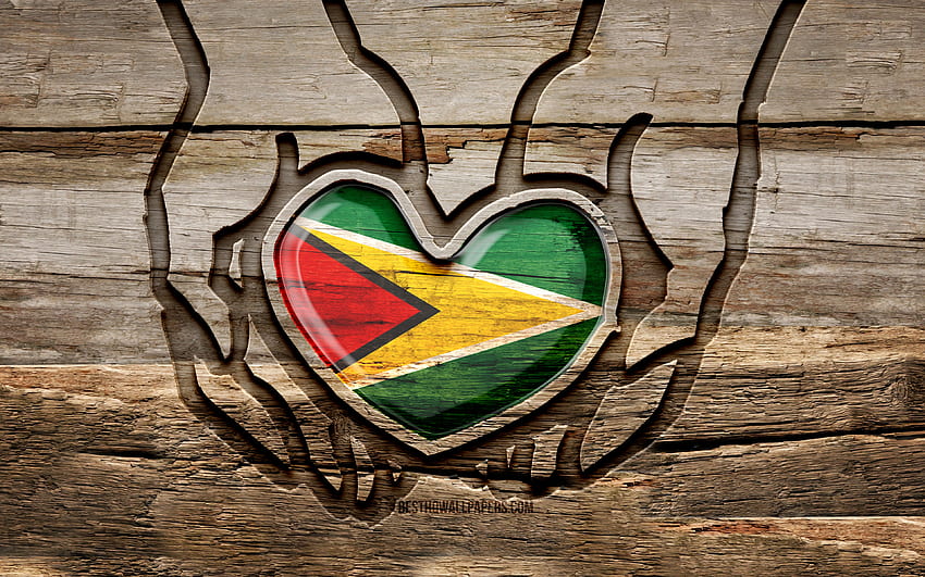 Me encanta Guyana, manos talladas en madera, Día de Guyana, Bandera de Guyana, Bandera de Guyana, Cuidar Guyana, creativo, Bandera de Guyana en mano, talla de madera, Países sudamericanos, Guyana fondo de pantalla