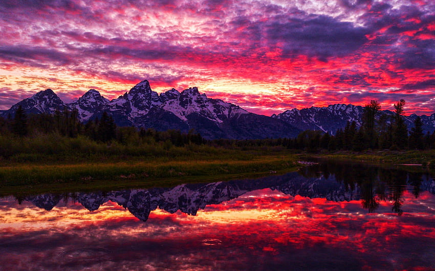 Where heaven and Earth meet, Wyoming, clouds, USA, sky, mountains, reflections, Grand Tetons, lake HD wallpaper