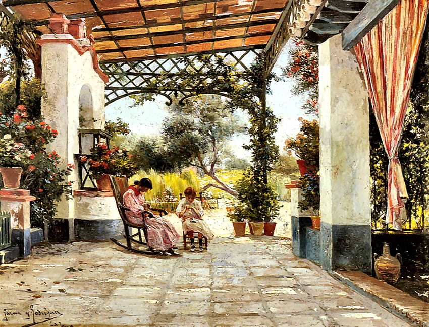 Mother and Daughter Sewing on a Patio, Manuel Rodriguez, Rodriguez, daughter, patio, scenery, painting, veranda, little girl, architecture, art, beautiful, illustration, artwork, wide screen, porch, old master, mother HD wallpaper