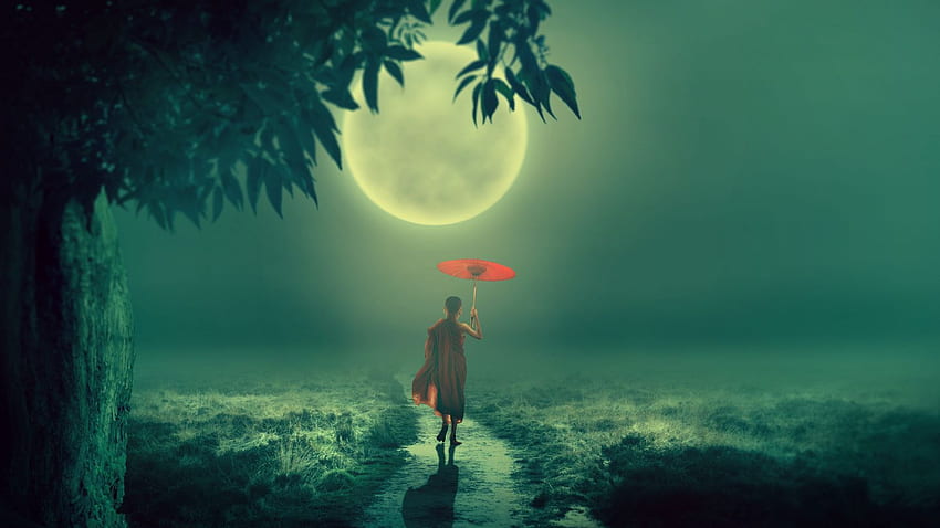 boy, monk, fog, moon, child, umbrella, buddhism 16:9 background HD wallpaper