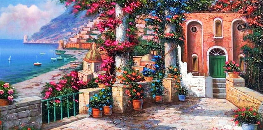 Крайбрежието на Позитано, изглед към залива, море, произведения на изкуството, рози, цветове, лодки, къща, цветя, веранда HD тапет