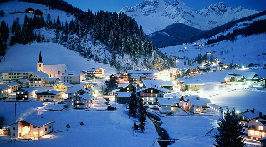 beautiful alpine village at night, winter, mountains, lights, village HD wallpaper