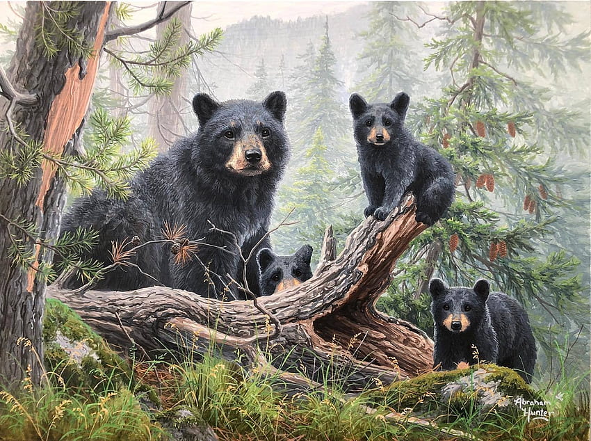 Bears, animal, cub, abraham hunter, urs, art, painting, bear, pictura, mother HD wallpaper
