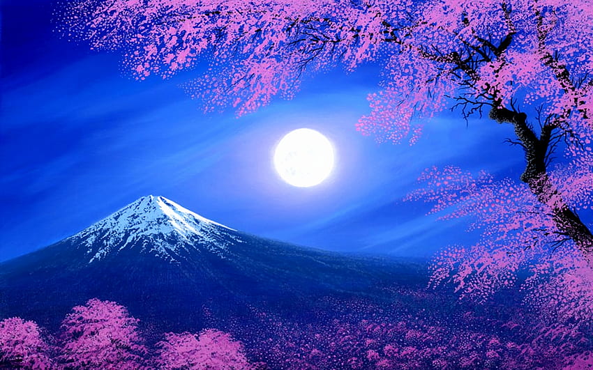 Moonlight, night, blue, white, art, spring, mountain, pink, moon ...