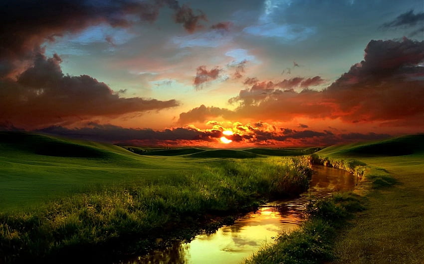 ธรรมชาติ, แม่น้ำ, พระอาทิตย์ตก, หญ้า, ท้องฟ้า, เมฆ, ฝั่ง, สีเขียว, ตอนเย็น, ชายฝั่ง วอลล์เปเปอร์ HD