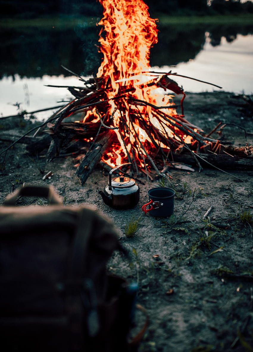 Bonfire, Tablewares, , , Campsite, Camping, Hike, Campaign HD phone wallpaper