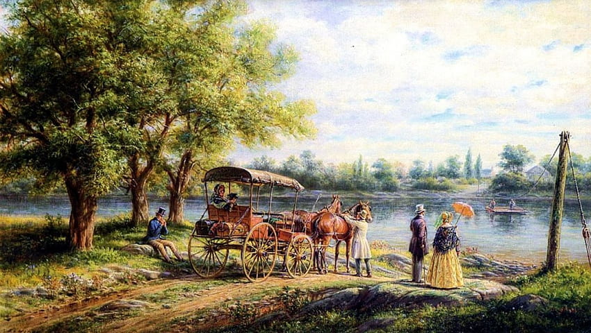 Waiting for the Ferry, river, horse, people, artwork, coach, painting, trees, victorian, vintage HD wallpaper