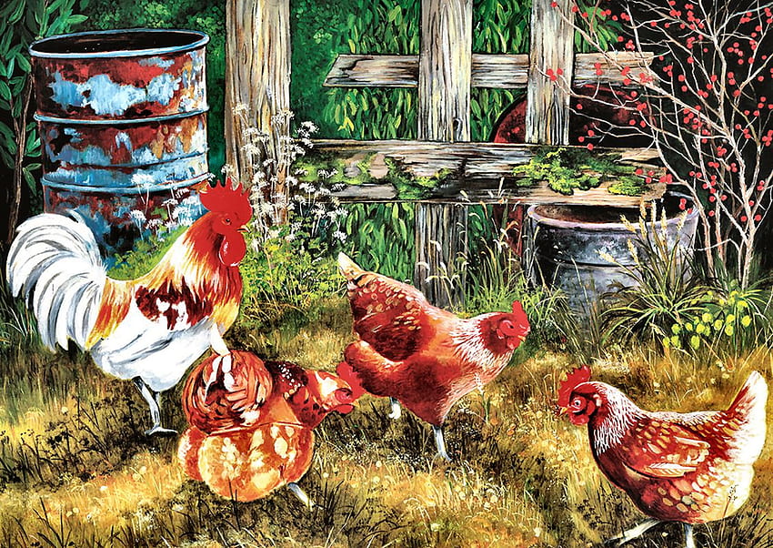 Out With the Boss - Chickens F, obra de arte, tela larga, pintura, arte, galinhas, linda, animais de fazenda, galo papel de parede HD