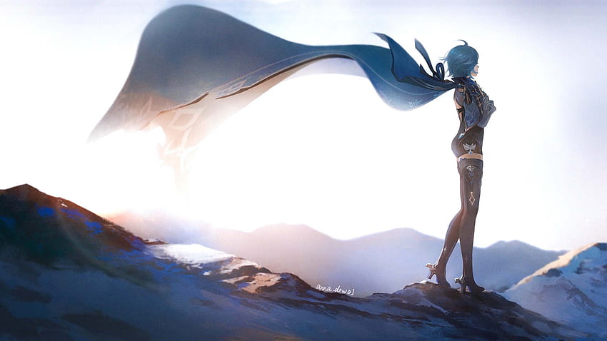 青い空を背景に立つエウラ 原神インパクト 高画質の壁紙