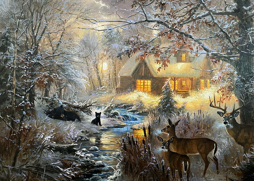 Winter Warmth, artwork, bears, painting, snow, animals, deer, trees, cottage HD wallpaper