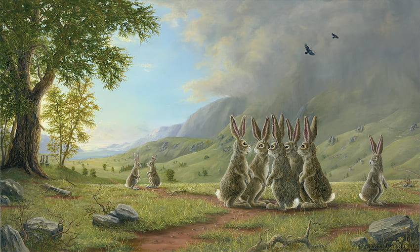 The decision, bunny, painting, art, fantasy, robert bissell, green, pictura, rabbit HD wallpaper
