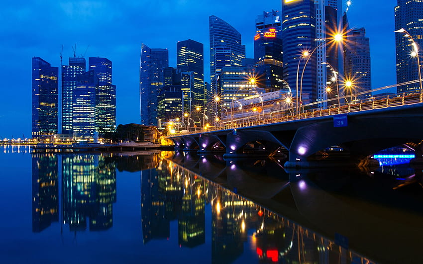 Singapore Malaysia Night Landscape Dawn Lights The City Bridge HD wallpaper