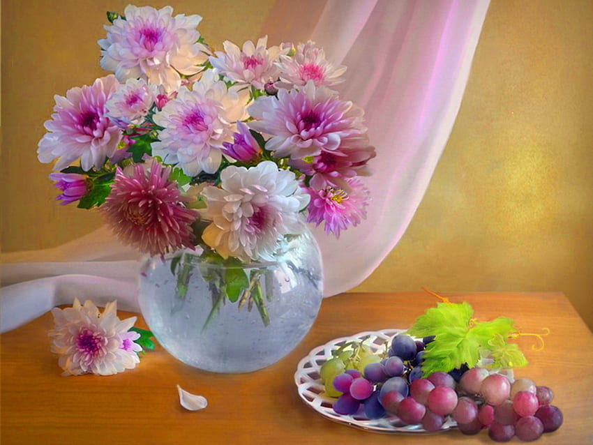 Still life, vail, vase, beautiful, nice, pink, delicate, pretty, grape, flowers, lovely, harmony HD wallpaper