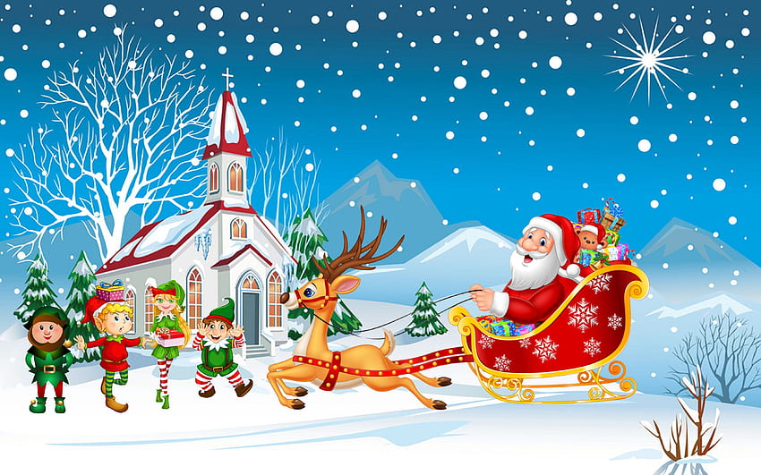 ハッピー クリスマス サンタ クロースと彼のそりとクリスマス ギフト メリー キッズ タブレットと携帯電話 3840х2400 高画質の壁紙