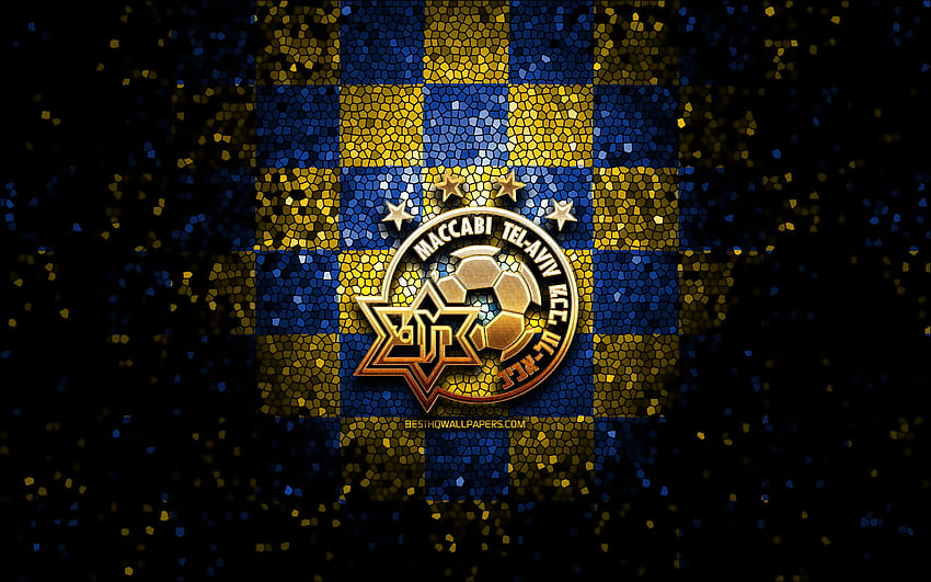 Maccabi Tel Aviv FC, brokatowe logo, Ligat ha Al, żółto-niebieskie tło w kratkę, piłka nożna, izraelski klub piłkarski, logo Maccabi Tel Aviv, mozaika, piłka nożna, Maccabi Tel Aviv, Izrael Tapeta HD