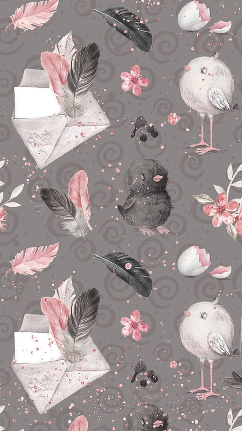 Bird, Illustration, Pink, Feather, Design, Water Bird - -, Pink and Gray HD phone wallpaper