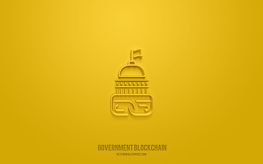 Regierungsblockkette 3D-Symbol, gelber Hintergrund, 3D-Symbole, Regierungsblockkette, Kryptowährungssymbole, 3D-Symbole, Regierungsblockkettenzeichen, Kryptowährung 3D-Symbole HD-Hintergrundbild