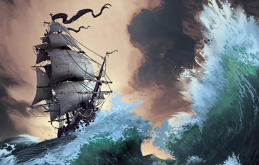 waves, fantasy, storm, pirate ship, artist, ship, digital art, artwork, fantasy art, sails, sailing ship, Lorenzo Lanfranconi for , section фантастика, Ship Painting HD wallpaper