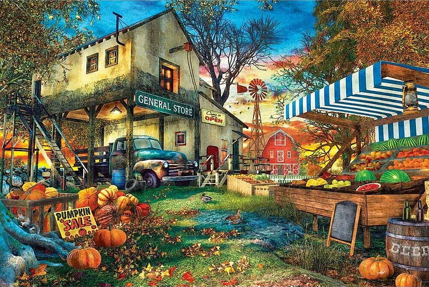 Old Country General Store, Kürbisse, Äpfel, Malerei, Haus, Auto, Bäume, Obst, Vintage HD-Hintergrundbild