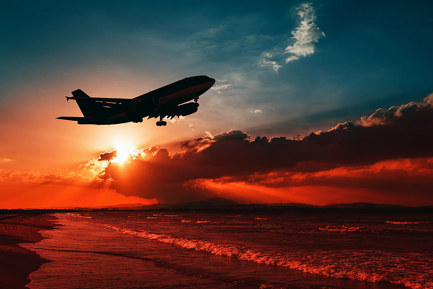 Sunset, Sky, Sea, Dark, Silhouette, Plane, Airplane, Takeoff HD wallpaper