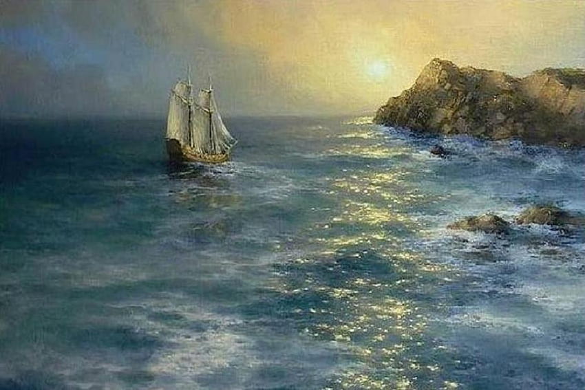 Time to Drop Anchor, blue, sea, boat, cliffs, sails, sky, sunset, ocean HD wallpaper