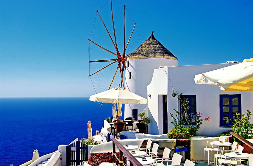 At the Oia Windmills, architecture, mills, oia, white, pretty, blue, sea, greece, culture, santorini HD wallpaper