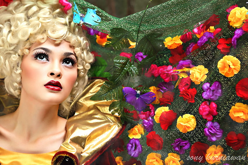 Wiktoriański kwiat, dama, azjata, żółty, kwiat, czerwony, piękny, wiktoriański Tapeta HD