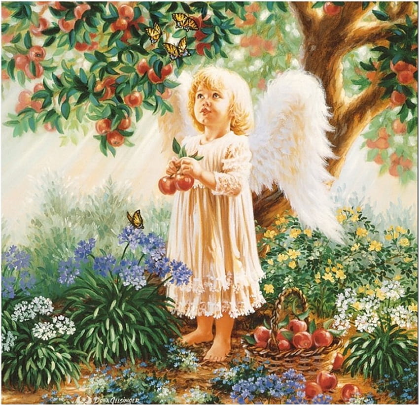 Oleh Dona Gelsinger, seni, imut, malaikat, pohon, dona gelsinger, lukisan, sayap, bunga, apel Wallpaper HD